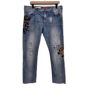 Anthropologie Light Blue Straight Leg Jeans with Floral Details